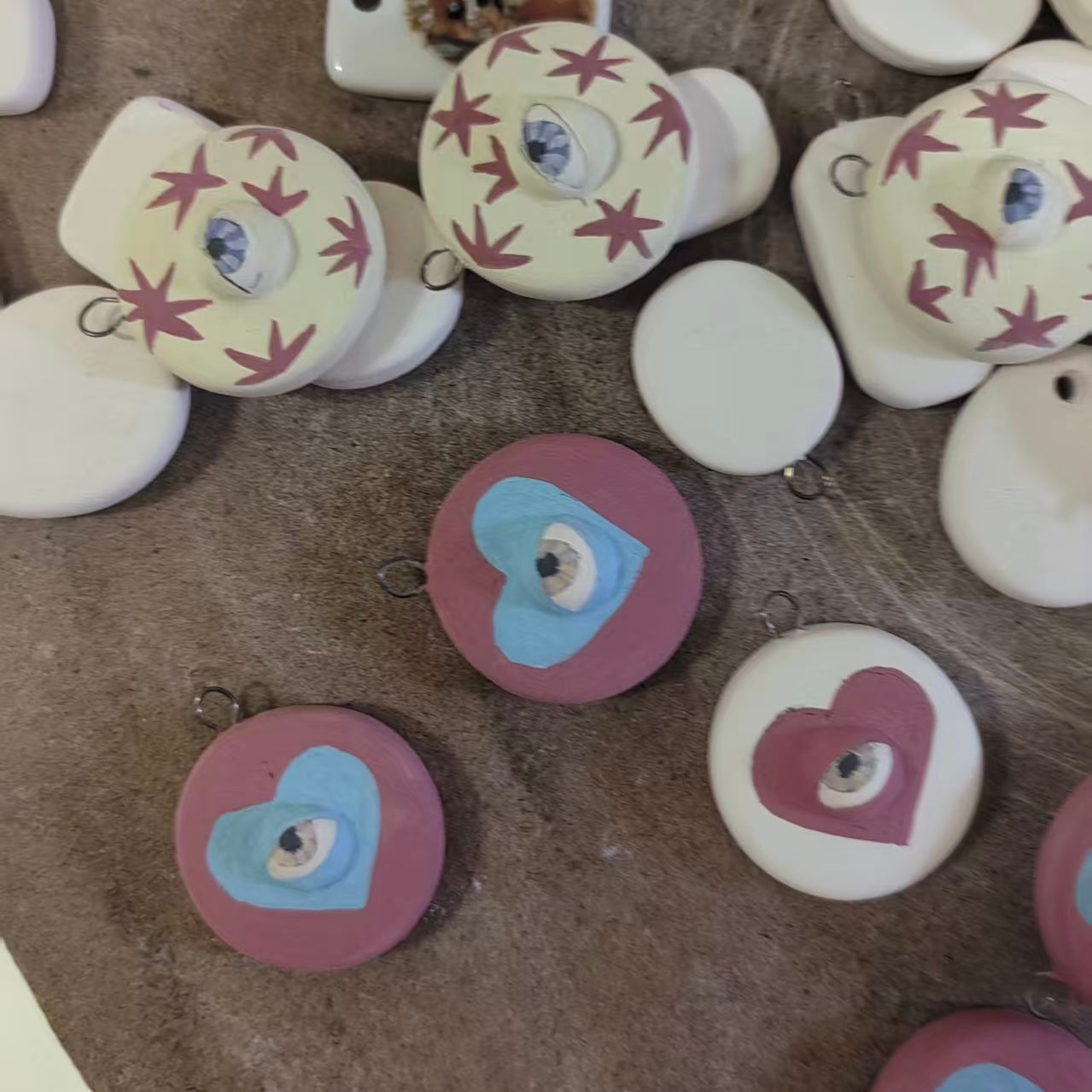 Handmade ceramic necklace, Evil Eye ceramic pendant series, natural boho style, rustic nature-inspired design.