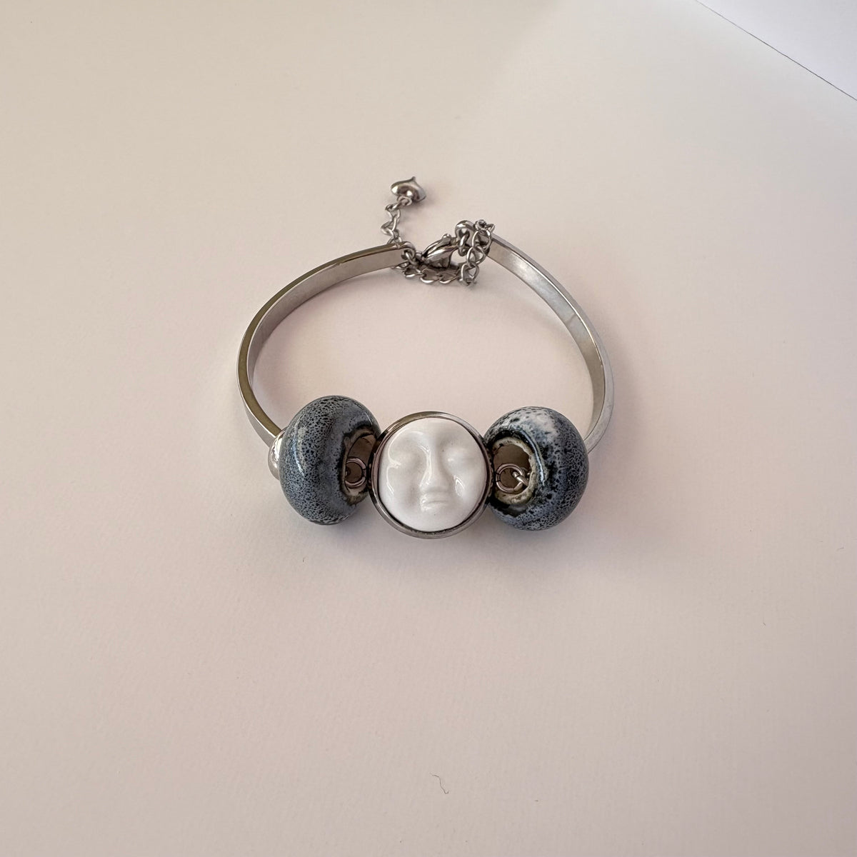 Handmade Ceramic Face Bracelet, Adjustable Stainless Steel Bangle with Ceramic Beads, Waterproof Jewelry, Gift for Her