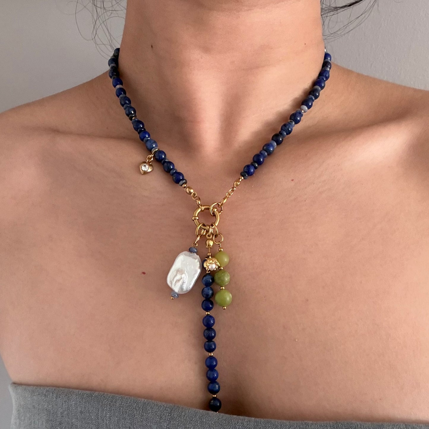 Statement Lapis Lazuli Necklace with Baroque Pearl | Handmade Blue Beaded Charm Necklace | Adjustable Artisan Jewelry Gift for Her