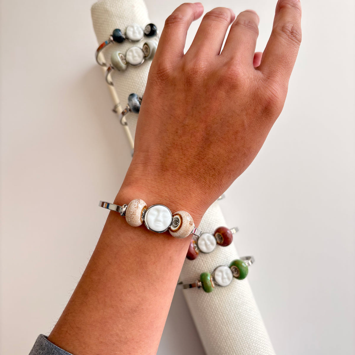 Handmade Ceramic Face Bracelet, Adjustable Stainless Steel Bangle with Ceramic Beads, Waterproof Jewelry, Gift for Her