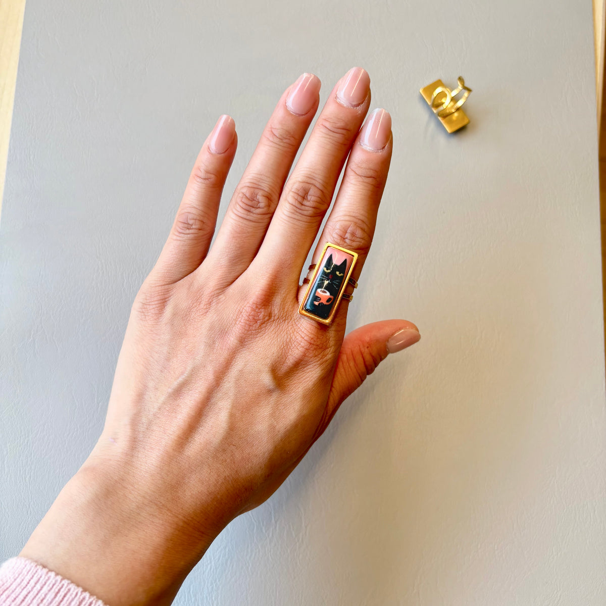 Hand Painted Ceramic Cat Ring, Adjustable Ring, Cute Cat Jewelry, Handmade Porcelain Ring, Cat Lover Gift, Unique Artisan Ring