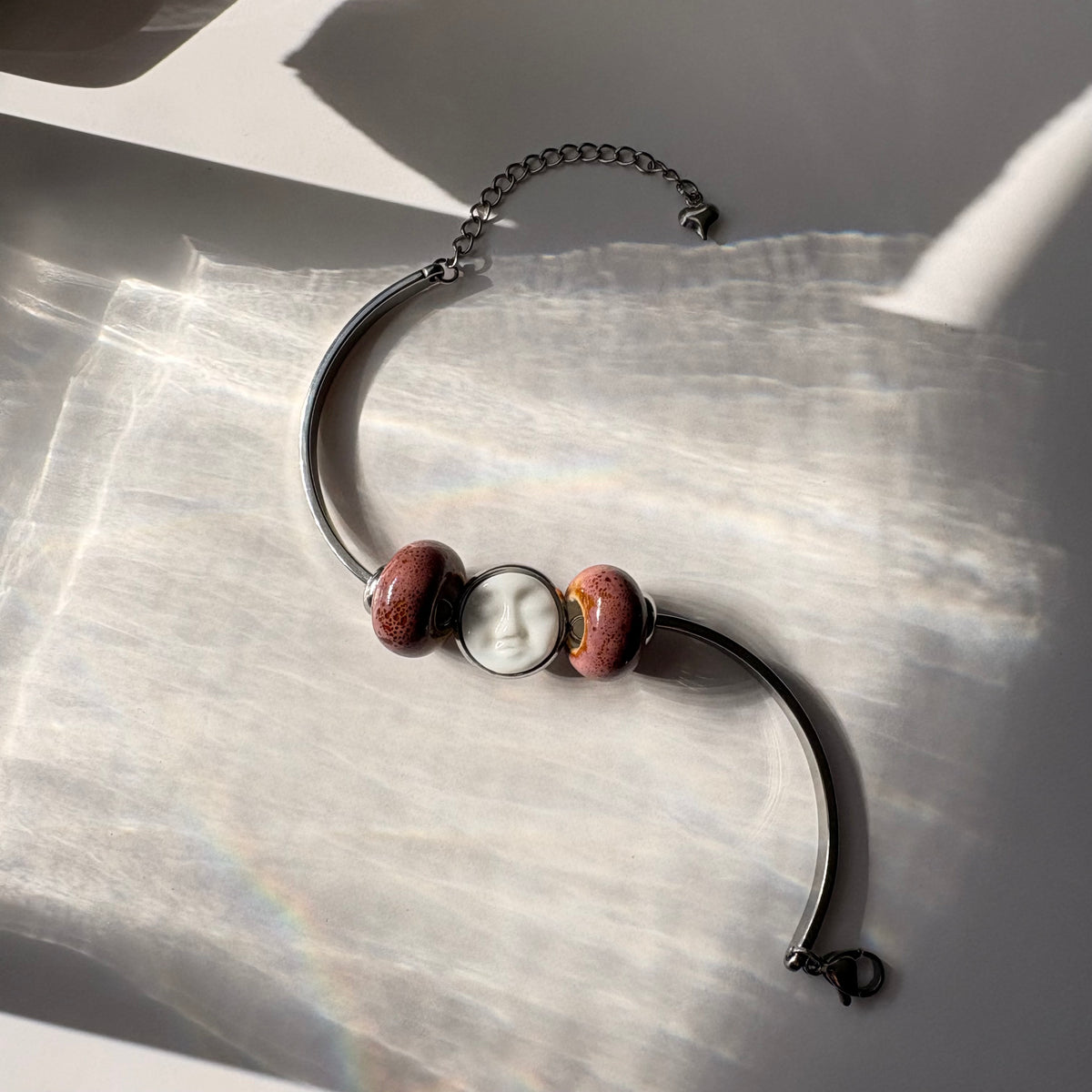 Handmade Ceramic Face Bracelet, Adjustable Stainless Steel Bangle with Ceramic Beads, Waterproof Jewelry, Gift for Her