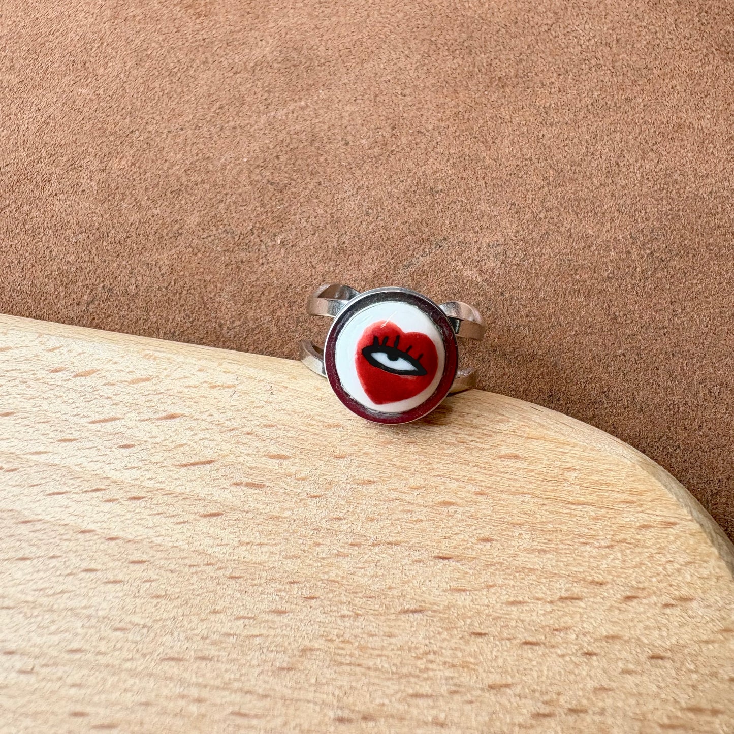 Handmade Ceramic Ring, Stainless Steel Band, Adjustable Ring, pinky ring  - silver