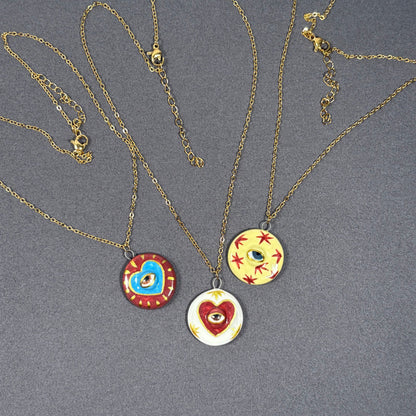 Handmade ceramic necklace, Evil Eye ceramic pendant series, natural boho style, rustic nature-inspired design.