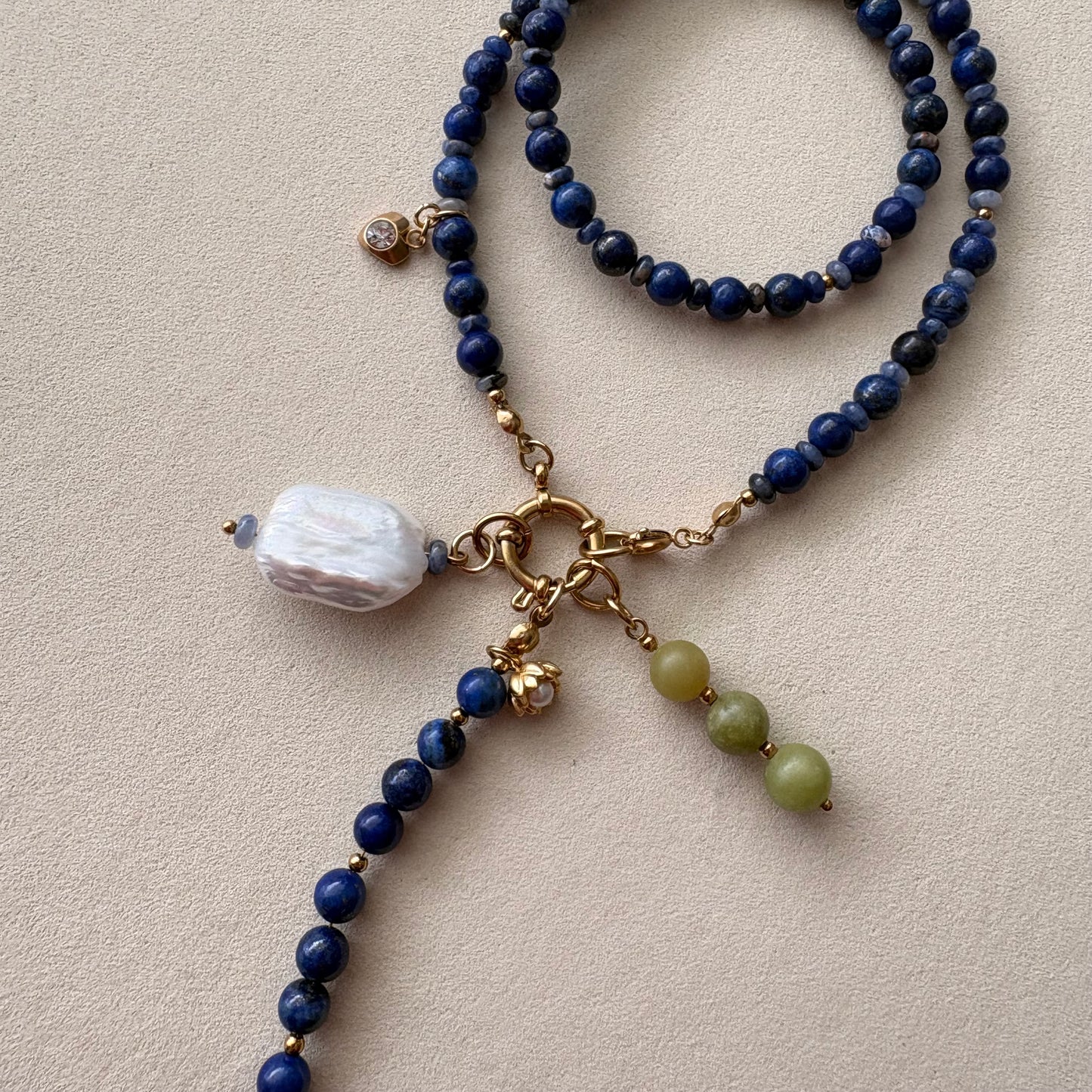 Statement Lapis Lazuli Necklace with Baroque Pearl | Handmade Blue Beaded Charm Necklace | Adjustable Artisan Jewelry Gift for Her