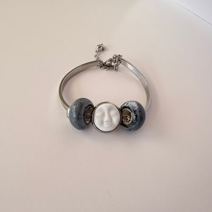 Handmade Ceramic Face Bracelet, Adjustable Stainless Steel Bangle with Ceramic Beads, Waterproof Jewelry, Gift for Her