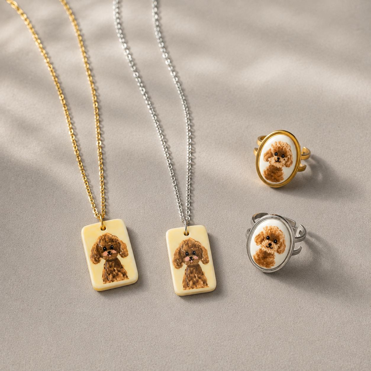 Hand-Painted Ceramic Poodle Dog Jewelry | Necklace & Ring