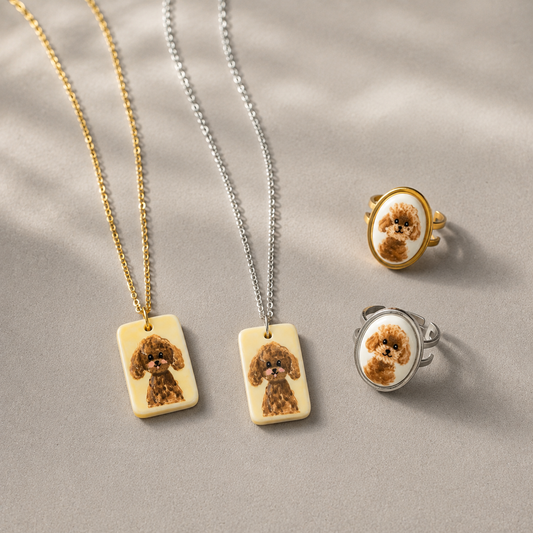 Hand-Painted Ceramic Poodle Dog Jewelry | Necklace & Ring