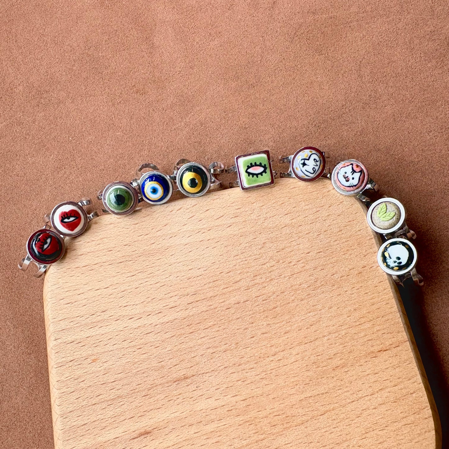 Handmade Ceramic Ring, Stainless Steel Band, Adjustable Ring, pinky ring  - silver