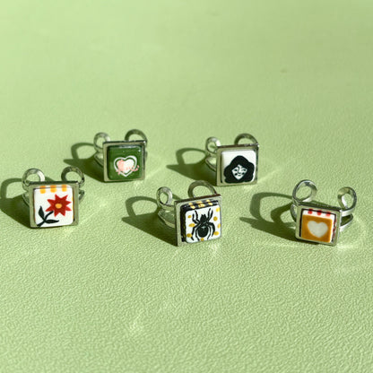 Handmade Rings, Evil Eye ceramic series, natural boho style, rustic nature-inspired design - silver ￼