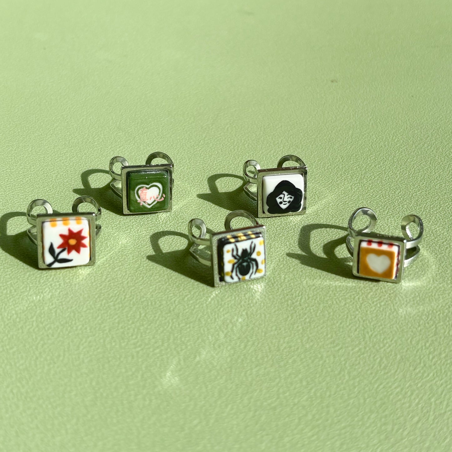 Handmade Rings, Evil Eye ceramic series, natural boho style, rustic nature-inspired design - silver ￼