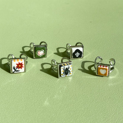 Handmade Rings, Evil Eye ceramic series, natural boho style, rustic nature-inspired design - silver ￼