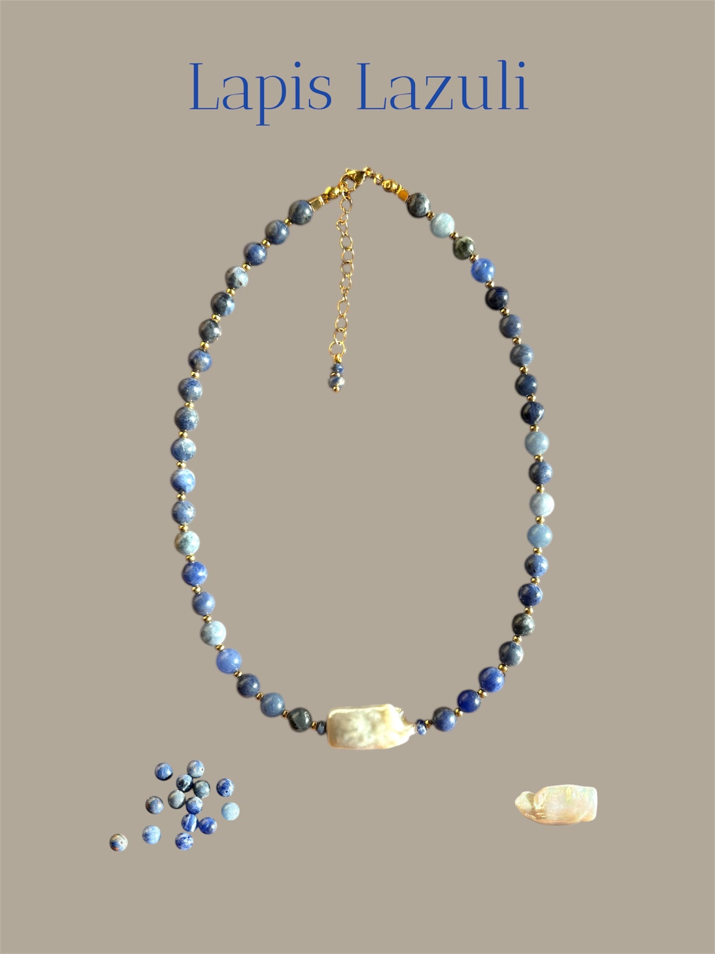 Lapis Lazuli Beaded Necklace with Baroque Freshwater Pearl – Handmade, Waterproof, Gold-Plated