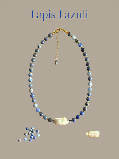 Lapis Lazuli Beaded Necklace with Baroque Freshwater Pearl – Handmade, Waterproof, Gold-Plated