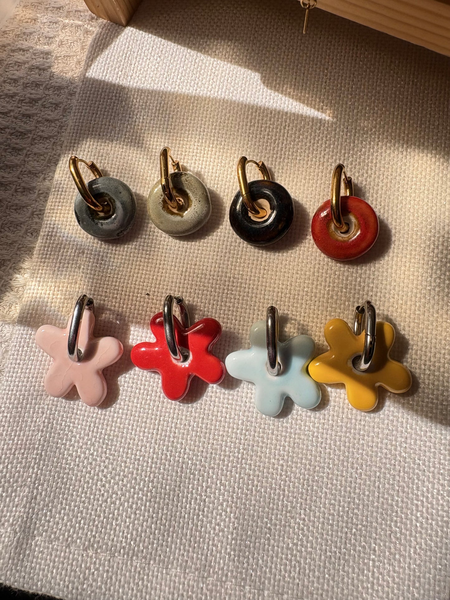Handmade Ceramic Hoop Earrings | Interchangeable Flower & Donut Charms | Lightweight Hypoallergenic 304 Stainless Steel Gold Plated Hoops | Mix & Match Gift for Her