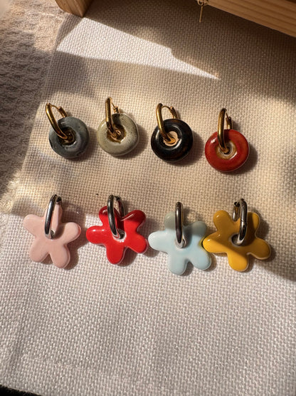 Handmade Ceramic Hoop Earrings | Interchangeable Flower & Donut Charms | Lightweight Hypoallergenic 304 Stainless Steel Gold Plated Hoops | Mix & Match Gift for Her