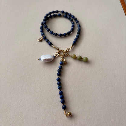 Statement Lapis Lazuli Necklace with Baroque Pearl | Handmade Blue Beaded Charm Necklace | Adjustable Artisan Jewelry Gift for Her