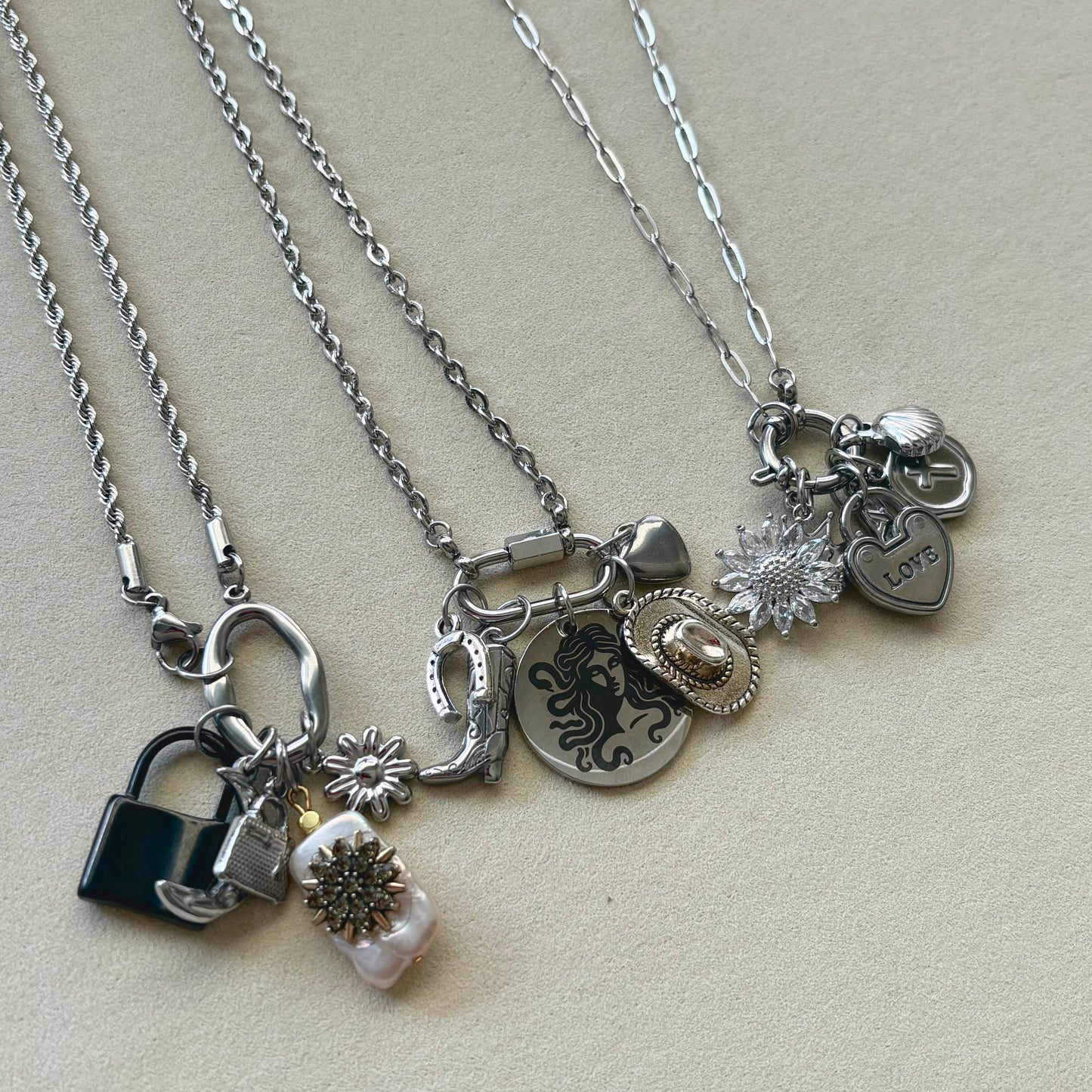 Build Your Own Custom Charm Necklace | Link Chain with Rounded Rectangle Clasp | Silver