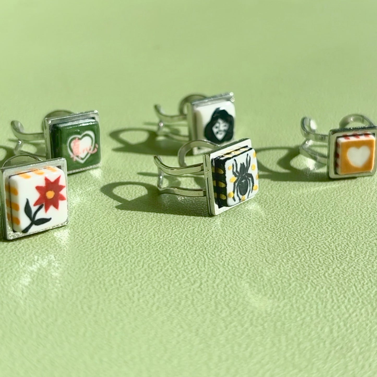 Handmade Rings, Evil Eye ceramic series, natural boho style, rustic nature-inspired design - silver ￼
