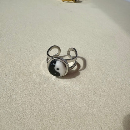 Handmade Ceramic Ring, Stainless Steel Band, Adjustable Ring, pinky ring  - silver