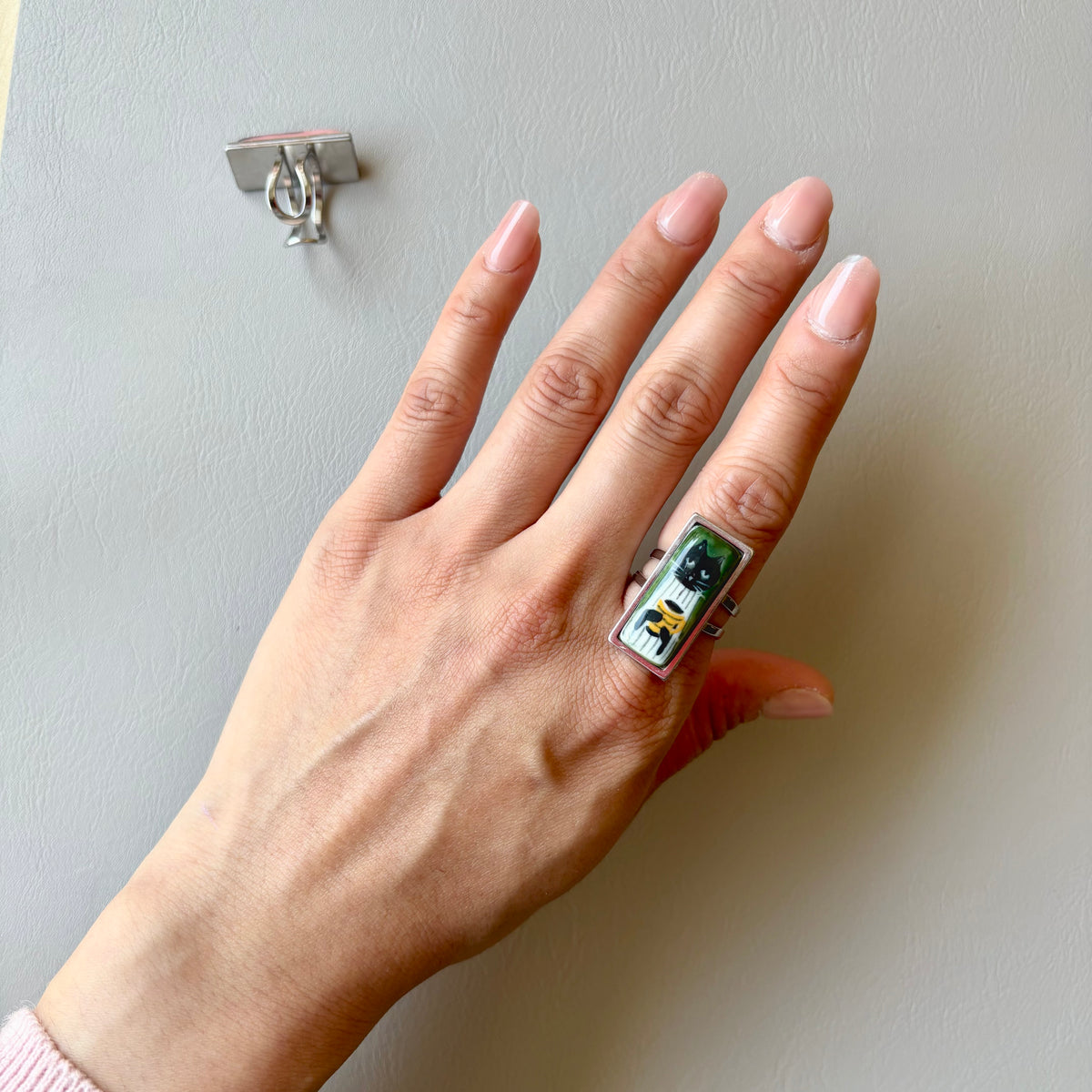 Hand Painted Ceramic Cat Ring, Adjustable Ring, Cute Cat Jewelry, Handmade Porcelain Ring, Cat Lover Gift, Unique Artisan Ring