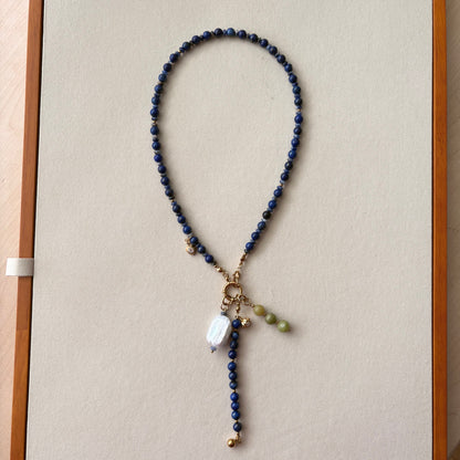 Statement Lapis Lazuli Necklace with Baroque Pearl | Handmade Blue Beaded Charm Necklace | Adjustable Artisan Jewelry Gift for Her