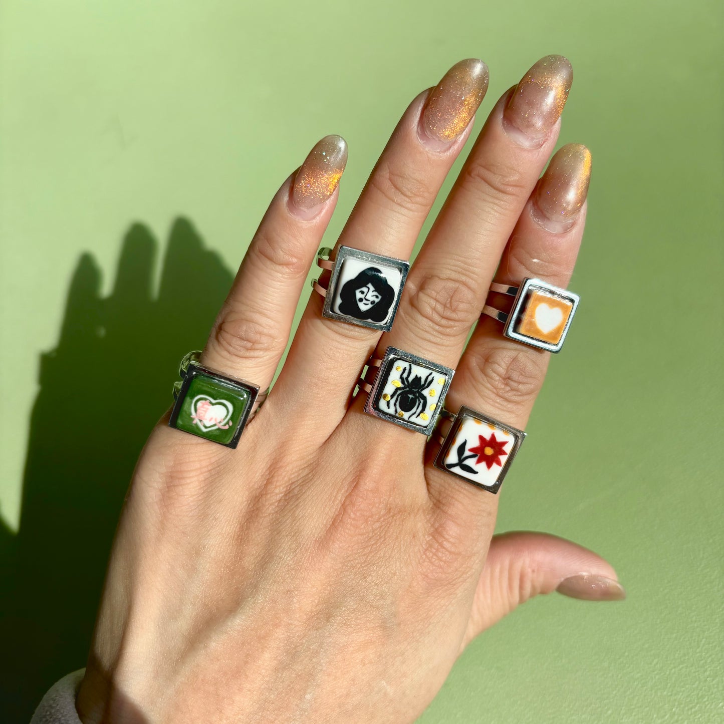Handmade Rings, Evil Eye ceramic series, natural boho style, rustic nature-inspired design - silver ￼