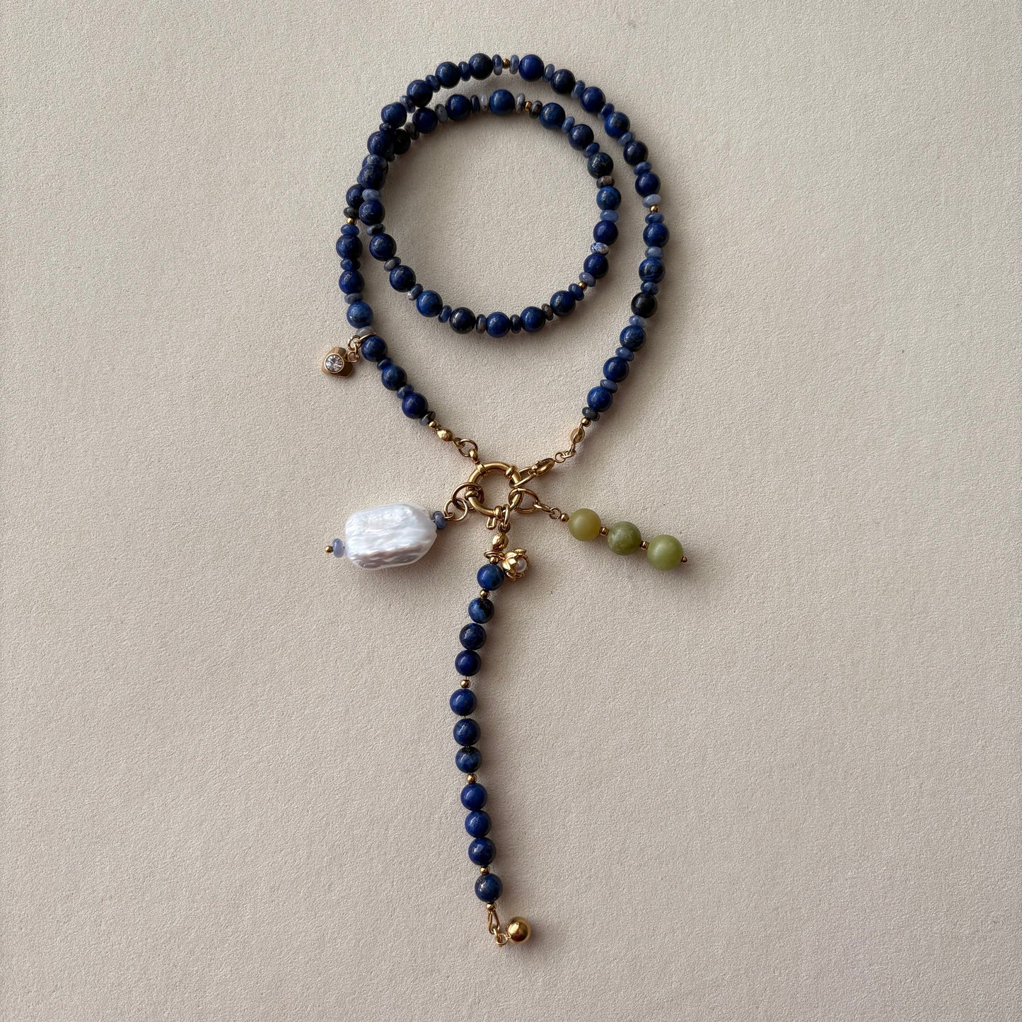 Statement Lapis Lazuli Necklace with Baroque Pearl | Handmade Blue Beaded Charm Necklace | Adjustable Artisan Jewelry Gift for Her