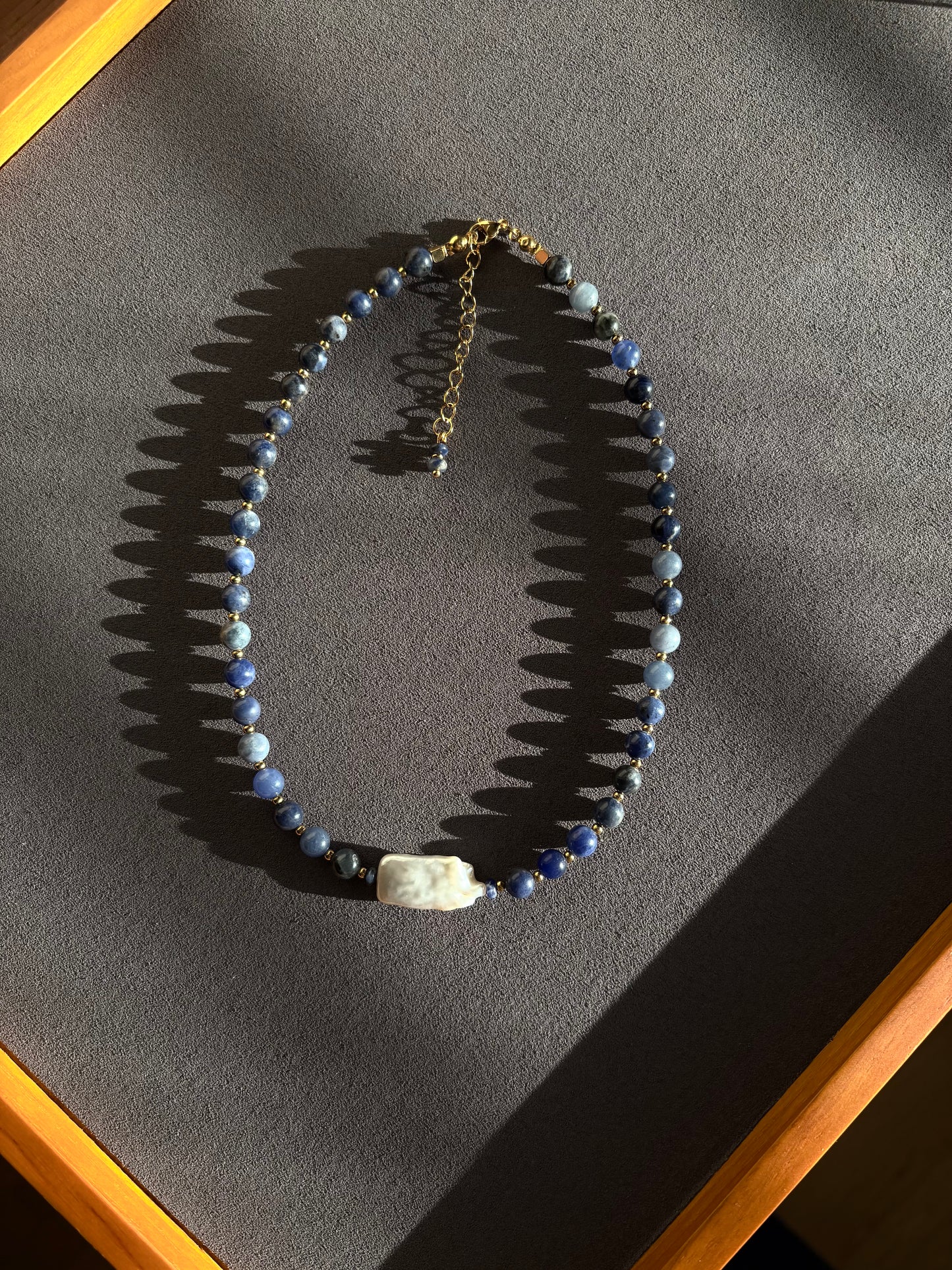 Lapis Lazuli Beaded Necklace with Baroque Freshwater Pearl – Handmade, Waterproof, Gold-Plated