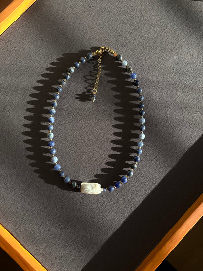 Lapis Lazuli Beaded Necklace with Baroque Freshwater Pearl – Handmade, Waterproof, Gold-Plated