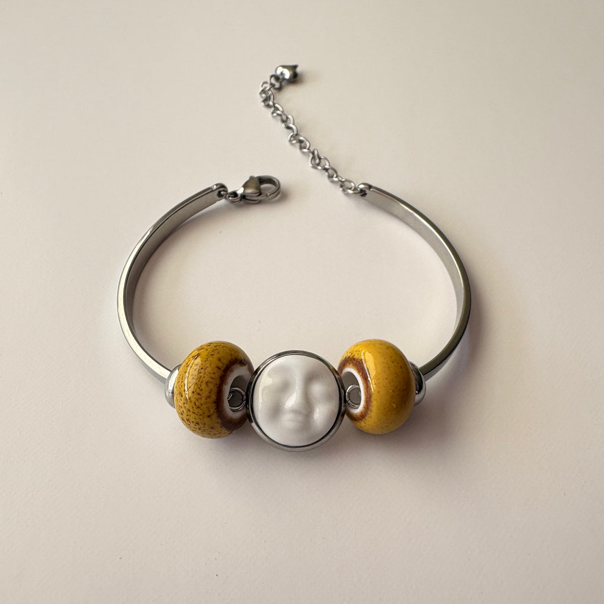 Handmade Ceramic Face Bracelet, Adjustable Stainless Steel Bangle with Ceramic Beads, Waterproof Jewelry, Gift for Her