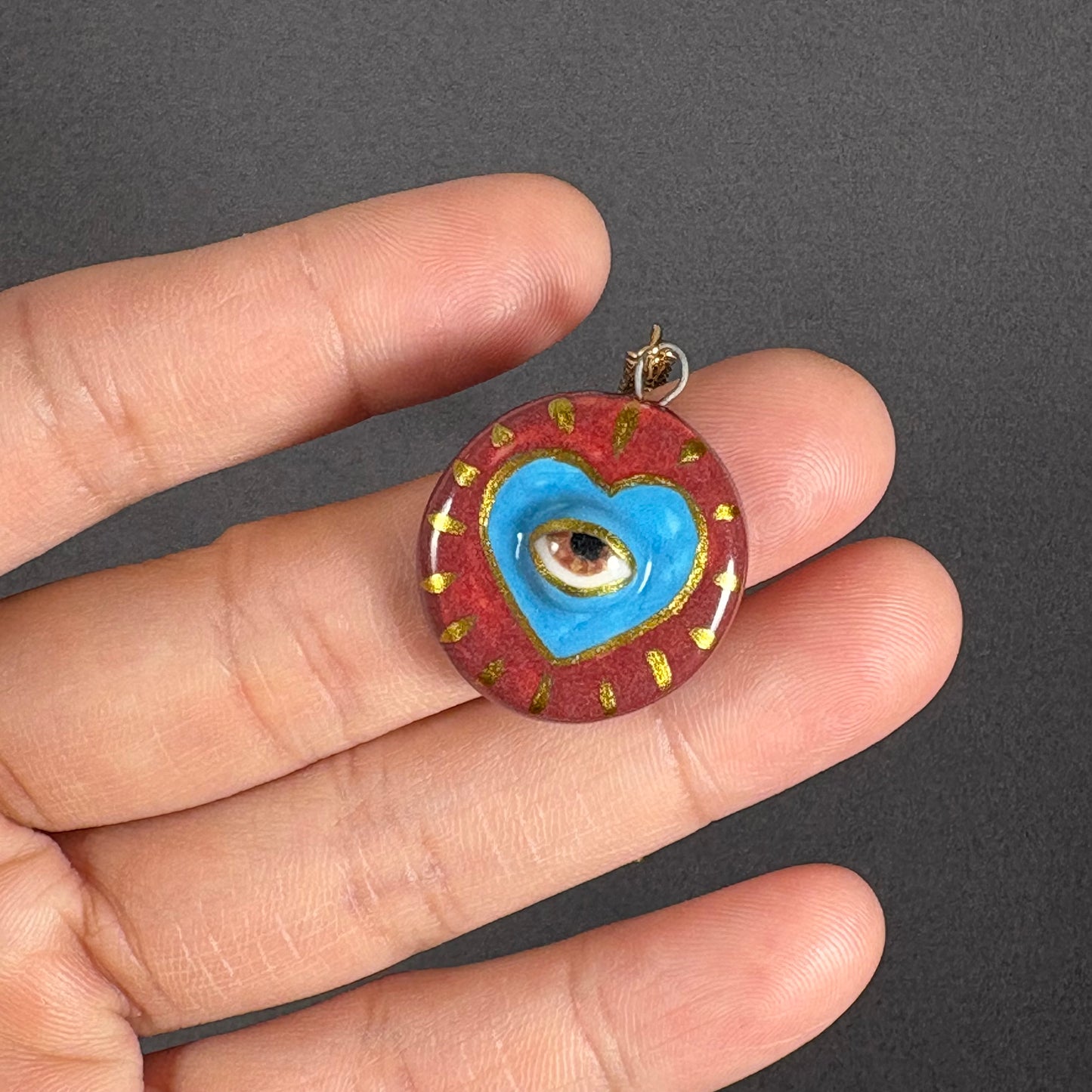 Handmade ceramic necklace, Evil Eye ceramic pendant series, natural boho style, rustic nature-inspired design.