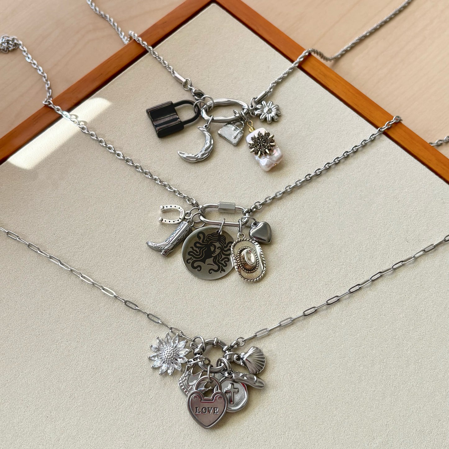 Build Your Own Custom Charm Necklace | Link Chain with Rounded Rectangle Clasp | Silver