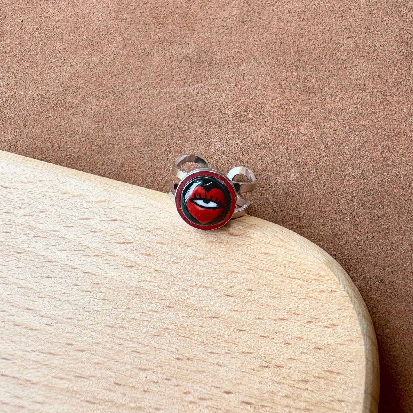 Handmade Ceramic Ring, Stainless Steel Band, Adjustable Ring, pinky ring  - silver