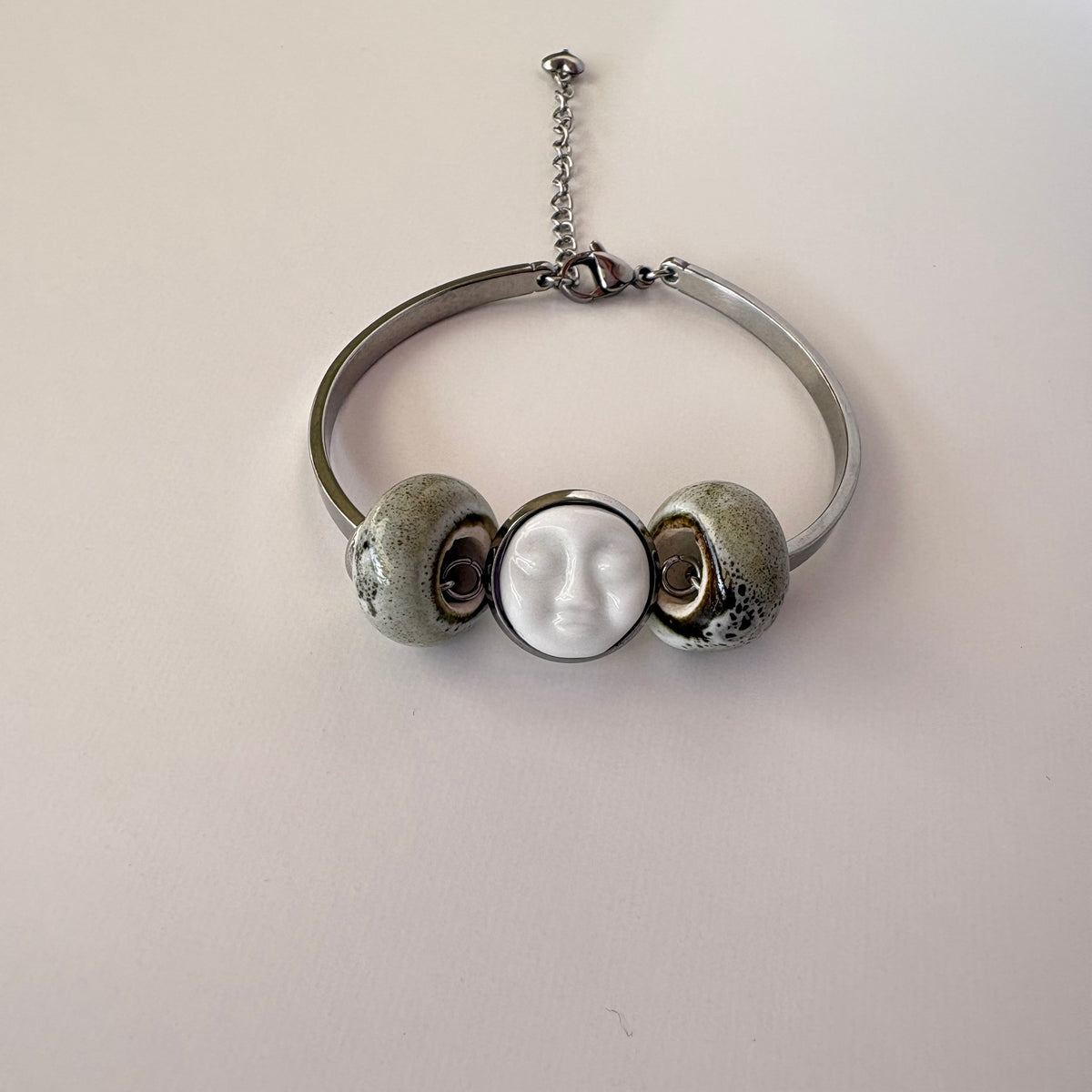 Handmade Ceramic Face Bracelet, Adjustable Stainless Steel Bangle with Ceramic Beads, Waterproof Jewelry, Gift for Her