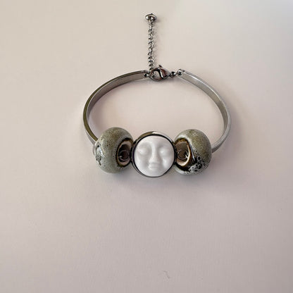 Handmade Ceramic Face Bracelet, Adjustable Stainless Steel Bangle with Ceramic Beads, Waterproof Jewelry, Gift for Her