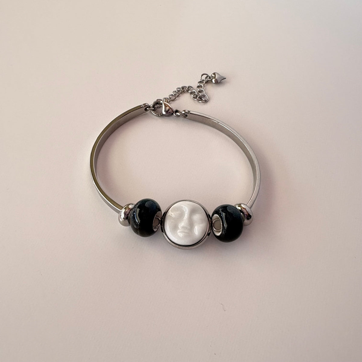Handmade Ceramic Face Bracelet, Adjustable Stainless Steel Bangle with Ceramic Beads, Waterproof Jewelry, Gift for Her