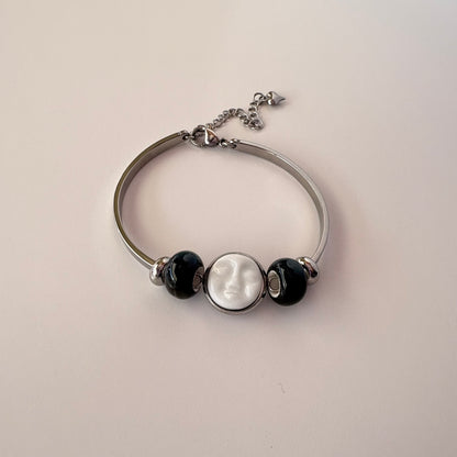 Handmade Ceramic Face Bracelet, Adjustable Stainless Steel Bangle with Ceramic Beads, Waterproof Jewelry, Gift for Her