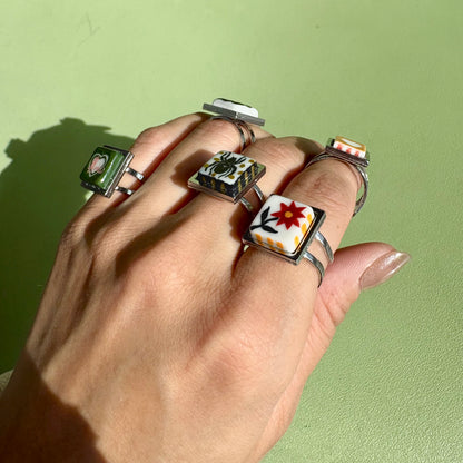 Handmade Rings, Evil Eye ceramic series, natural boho style, rustic nature-inspired design - silver ￼