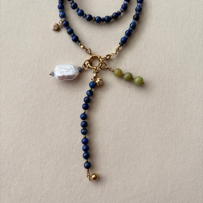 Statement Lapis Lazuli Necklace with Baroque Pearl | Handmade Blue Beaded Charm Necklace | Adjustable Artisan Jewelry Gift for Her