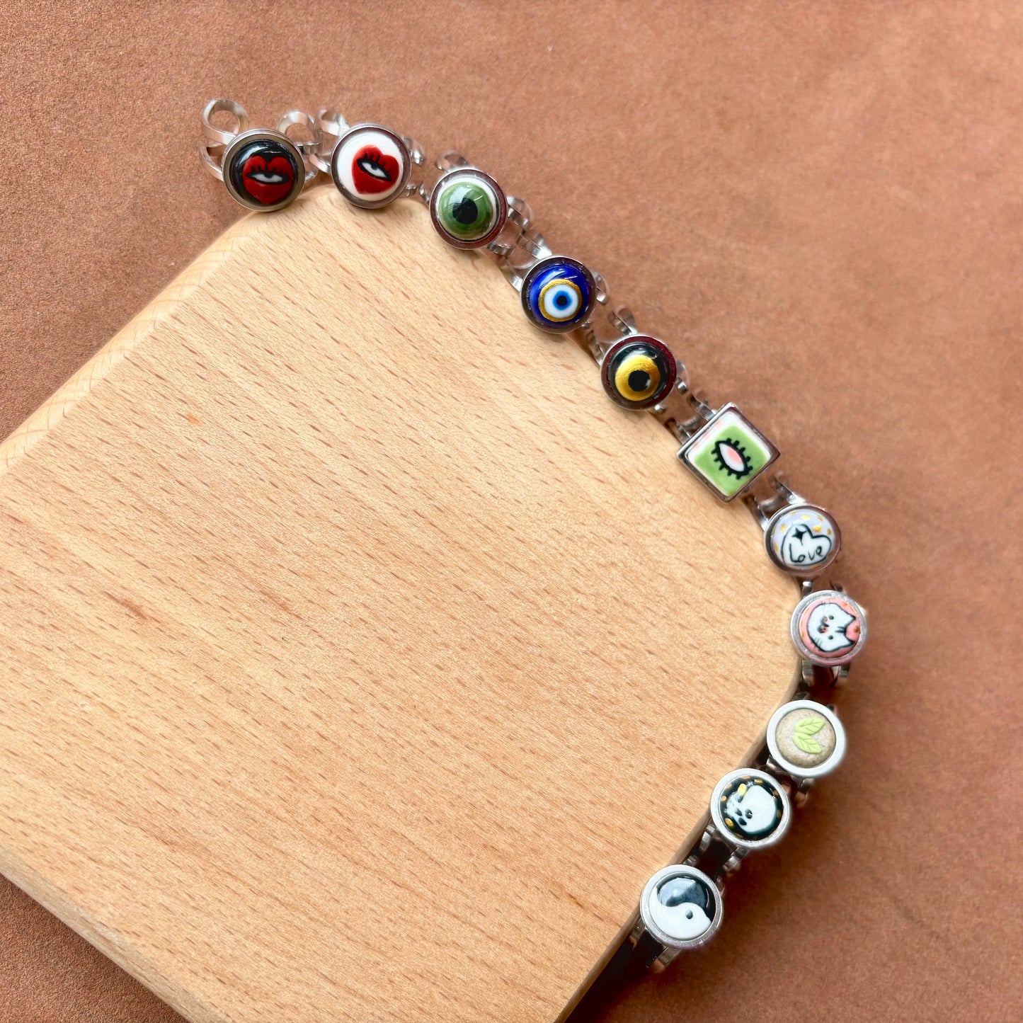 Handmade Ceramic Ring, Stainless Steel Band, Adjustable Ring, pinky ring  - silver