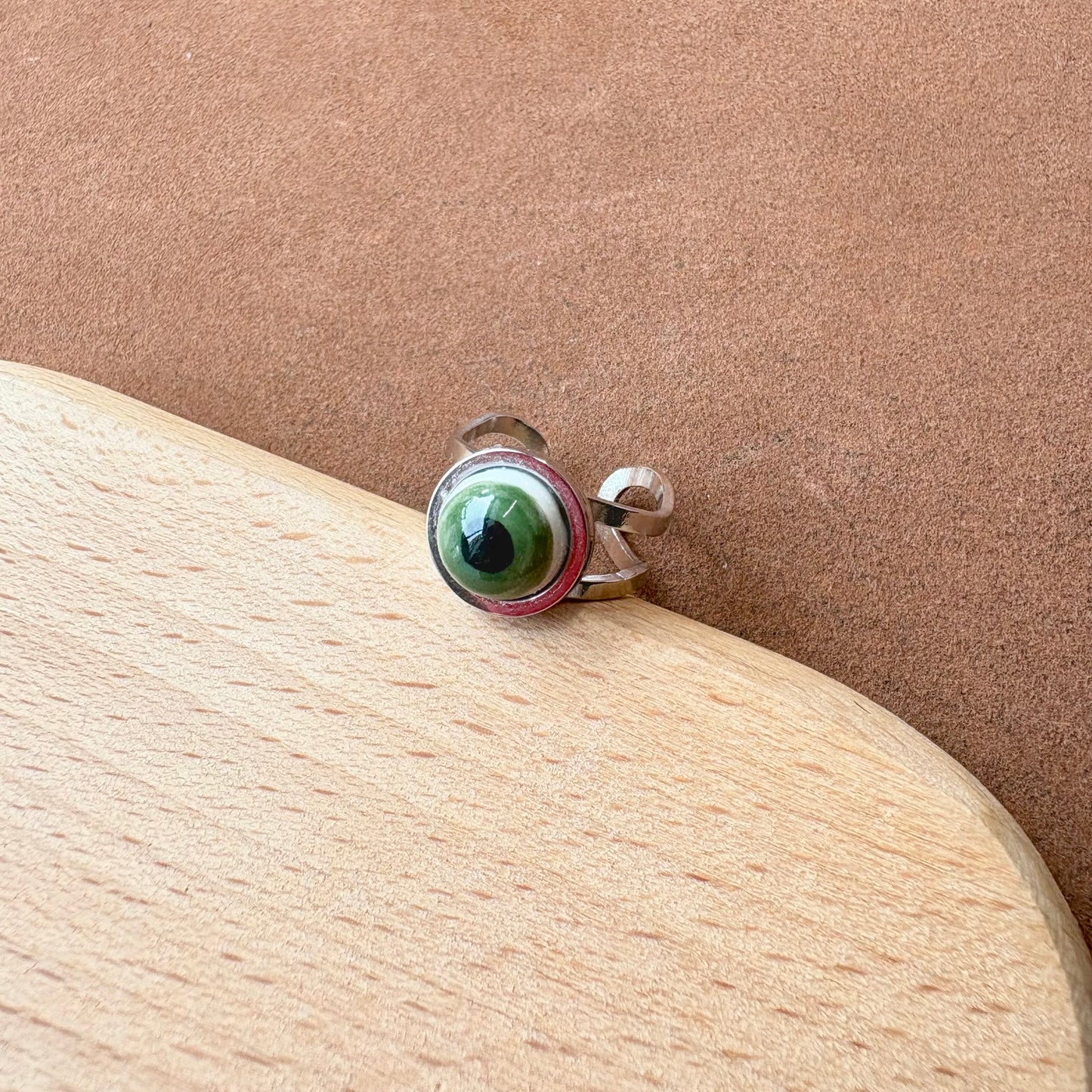 Handmade Ceramic Ring, Stainless Steel Band, Adjustable Ring, pinky ring  - silver