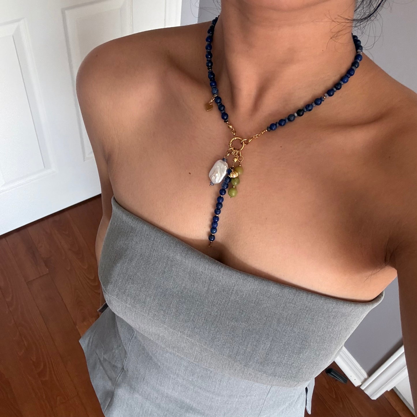 Statement Lapis Lazuli Necklace with Baroque Pearl | Handmade Blue Beaded Charm Necklace | Adjustable Artisan Jewelry Gift for Her