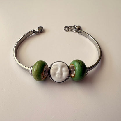 Handmade Ceramic Face Bracelet, Adjustable Stainless Steel Bangle with Ceramic Beads, Waterproof Jewelry, Gift for Her