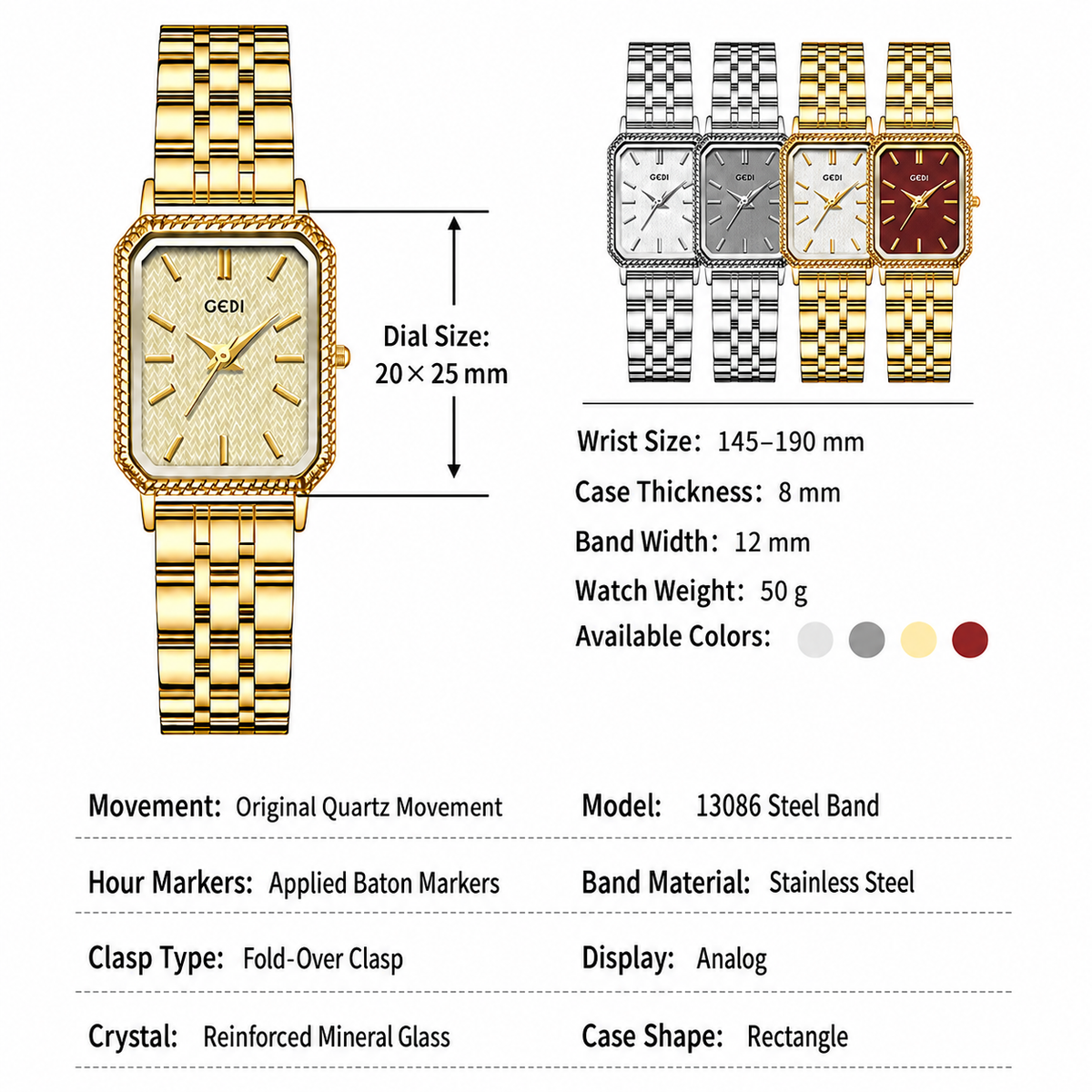 Vintage Rectangle Women’s Watch – Stainless Steel Bracelet, 3ATM Water Resistant Quartz Wristwatch