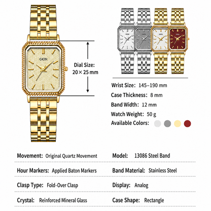 Vintage Rectangle Women’s Watch – Stainless Steel Bracelet, 3ATM Water Resistant Quartz Wristwatch
