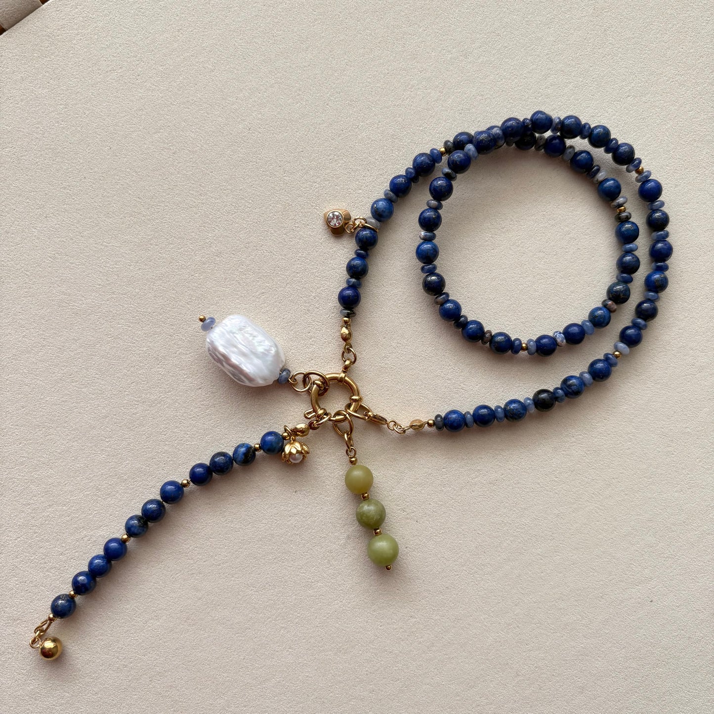 Statement Lapis Lazuli Necklace with Baroque Pearl | Handmade Blue Beaded Charm Necklace | Adjustable Artisan Jewelry Gift for Her
