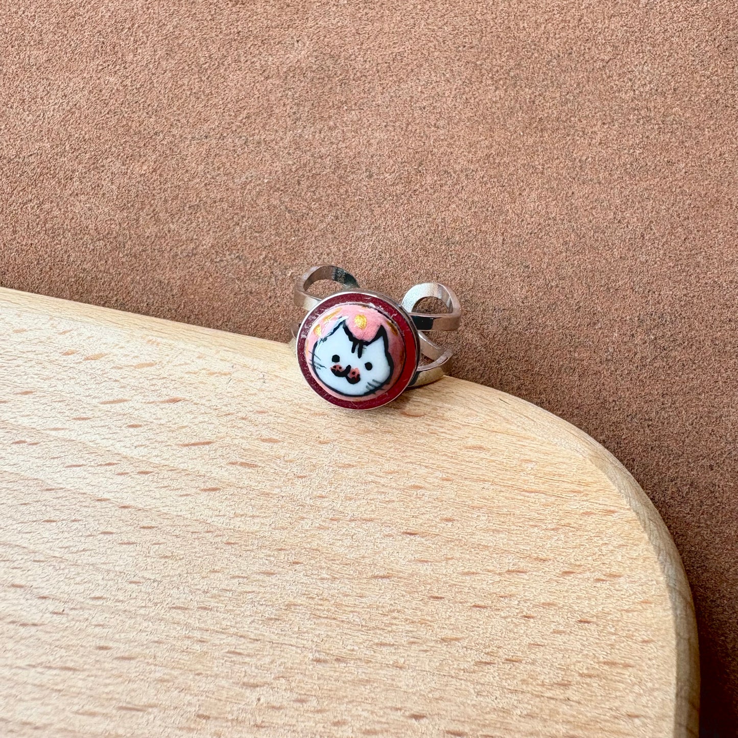 Handmade Ceramic Ring, Stainless Steel Band, Adjustable Ring, pinky ring  - silver