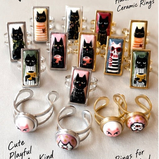 Hand Painted Ceramic Cat Ring, Adjustable Ring, Cute Cat Jewelry, Handmade Porcelain Ring, Cat Lover Gift, Unique Artisan Ring
