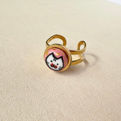 Hand Painted Ceramic Cat Ring, Adjustable Ring, Cute Cat Jewelry, Handmade Porcelain Ring, Cat Lover Gift, Unique Artisan Ring